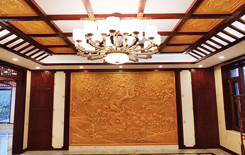 福泉中式别墅客厅中式木作横梁吊顶装饰展示
