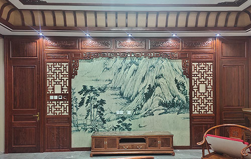 福泉中式仿古别墅客厅背景墙花格木作装饰